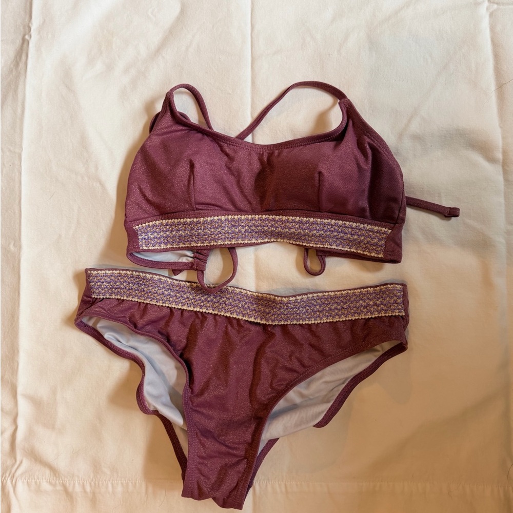 Purple Two-Piece Swim Set with Decorative Waistband